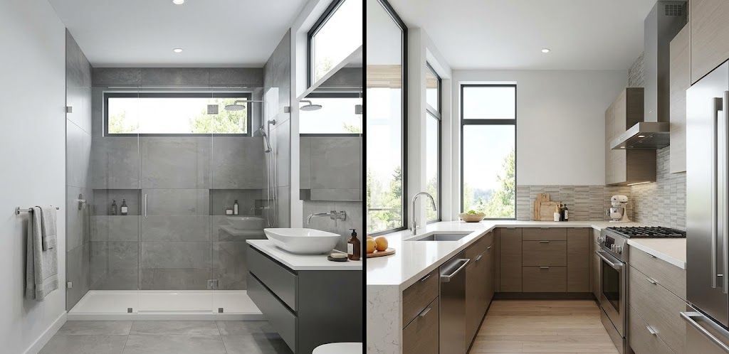 A split image comparing a renovated modern bathroom (left) with a renovated contemporary kitchen (right).